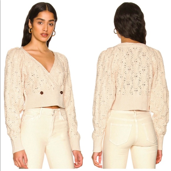Free People Olive You Surplice V-Neck Texture Cable Wrap Cardigan In Macadamia - Picture 2 of 13